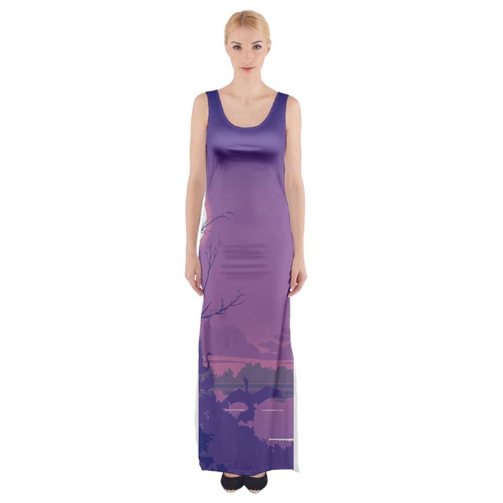 Abstract Tropical Birds Purple Sunset Maxi Thigh Split Dress