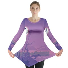 Abstract Tropical Birds Purple Sunset Long Sleeve Tunic  by WaltCurleeArt