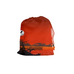 Tropical Birds Orange Sunset Landscape Drawstring Pouches (medium) 