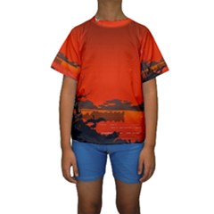 Tropical Birds Orange Sunset Landscape Kid s Short Sleeve Swimwear by WaltCurleeArt