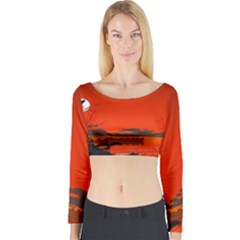 Tropical Birds Orange Sunset Landscape Long Sleeve Crop Top by WaltCurleeArt