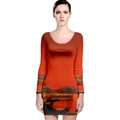 Tropical Birds Orange Sunset Landscape Long Sleeve Bodycon Dress