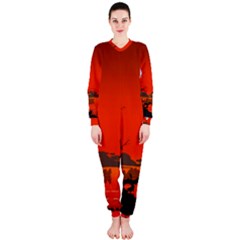 Tropical Birds Orange Sunset Landscape Onepiece Jumpsuit (ladies) 