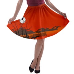 Tropical Birds Orange Sunset Landscape A-line Skater Skirt by WaltCurleeArt