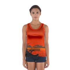 Tropical Birds Orange Sunset Landscape Tops