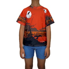 Tropical Birds Orange Sunset Landscape Kid s Short Sleeve Swimwear by WaltCurleeArt