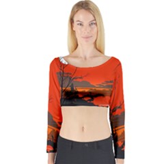 Tropical Birds Orange Sunset Landscape Long Sleeve Crop Top