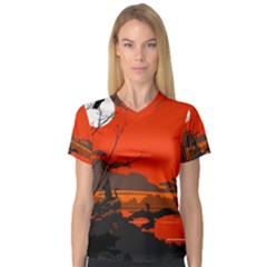 Tropical Birds Orange Sunset Landscape Women s V-neck Sport Mesh Tee