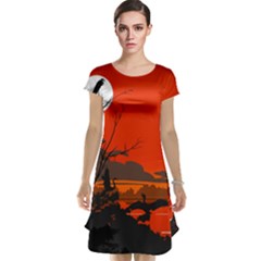 Tropical Birds Orange Sunset Landscape Cap Sleeve Nightdress