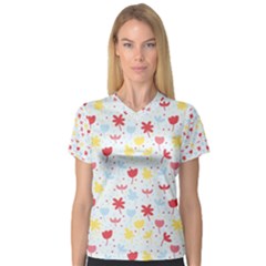 Seamless Colorful Flowers Pattern Women s V-neck Sport Mesh Tee