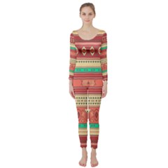 Hand Drawn Ethnic Shapes Pattern Long Sleeve Catsuit