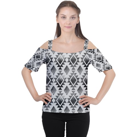 Hand Painted Black Ethnic Pattern Women s Cutout Shoulder Tee by TastefulDesigns