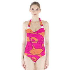 Funny Hot Pink Orange Kids Art Women s Halter One Piece Swimsuit by yoursparklingshop