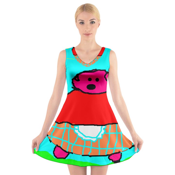 Funny Pig in Summer Red Blue Pink Kids Art V-Neck Sleeveless Skater Dress