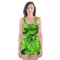 Festive Green Glitter Roses Valentine Love  Skater Dress Swimsuit by yoursparklingshop