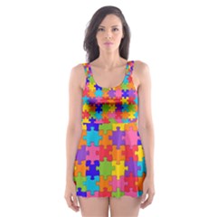 Funny Colorful Jigsaw Puzzle Skater Dress Swimsuit