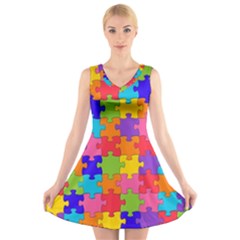 Funny Colorful Jigsaw Puzzle V-neck Sleeveless Skater Dress by yoursparklingshop