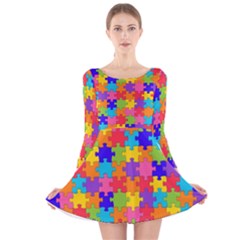 Funny Colorful Jigsaw Puzzle Long Sleeve Velvet Skater Dress by yoursparklingshop