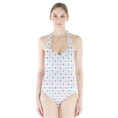 Seamless Nautical Pattern Women s Halter One Piece Swimsuit