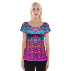 Freedom Peace Flowers Raining In Rainbows Women s Cap Sleeve Top by pepitasart