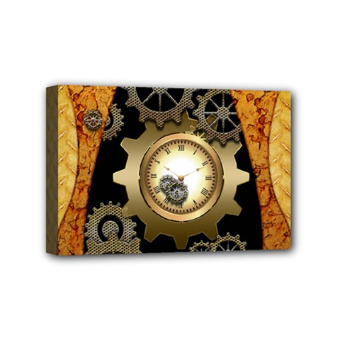 Steampunk Golden Design With Clocks And Gears Mini Canvas 6  X 4  by FantasyWorld7