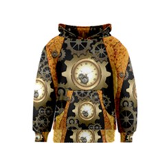 Steampunk Golden Design With Clocks And Gears Kids  Pullover Hoodie by FantasyWorld7