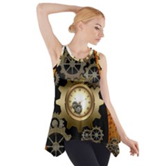 Steampunk Golden Design With Clocks And Gears Side Drop Tank Tunic by FantasyWorld7