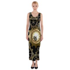 Steampunk Golden Design With Clocks And Gears Fitted Maxi Dress by FantasyWorld7