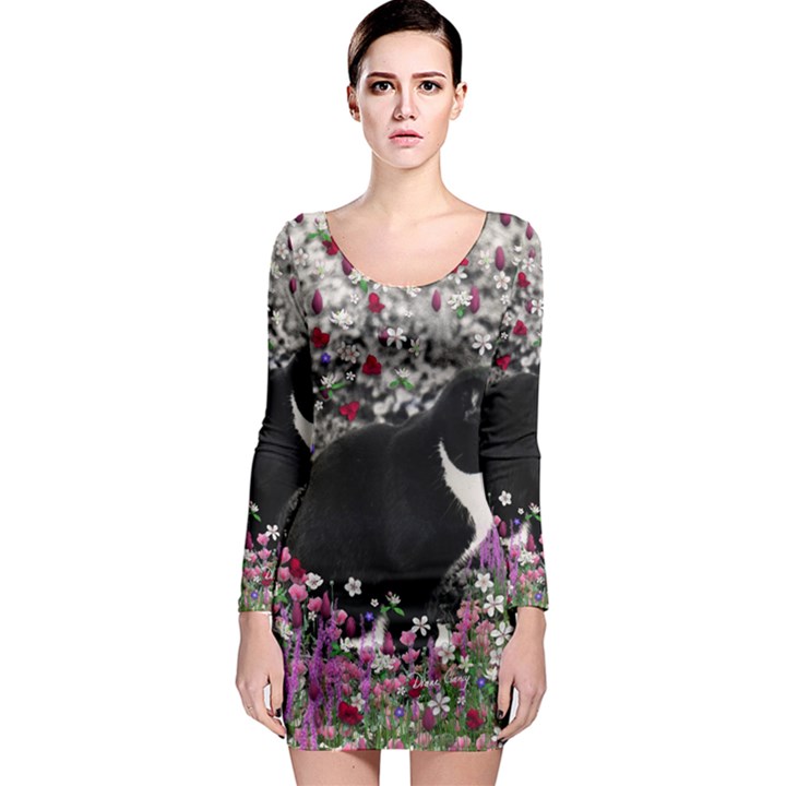 Freckles In Flowers Ii, Black White Tux Cat Long Sleeve Bodycon Dress