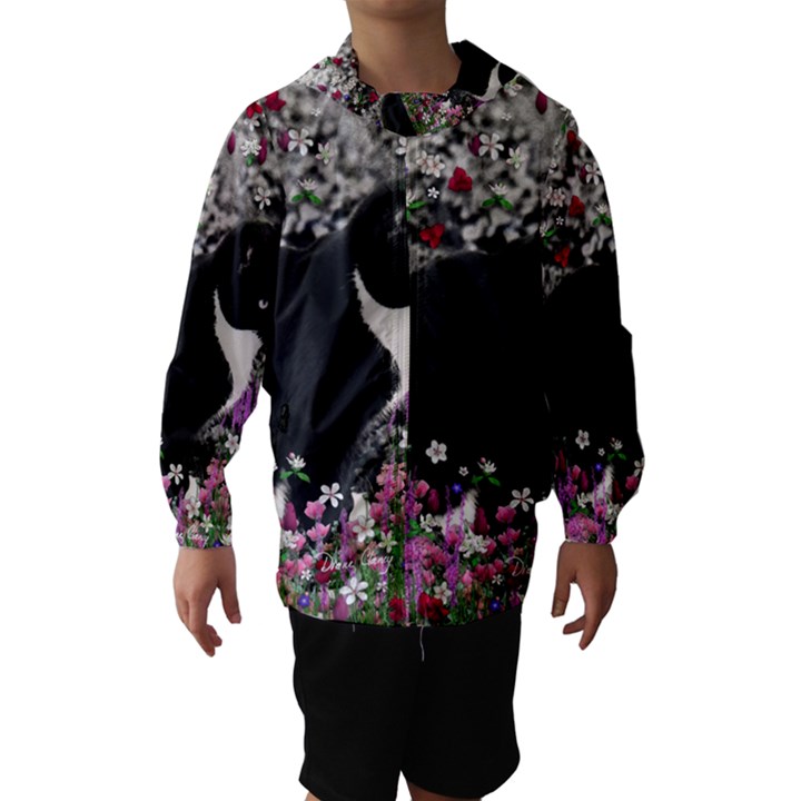 Freckles In Flowers Ii, Black White Tux Cat Hooded Wind Breaker (Kids)