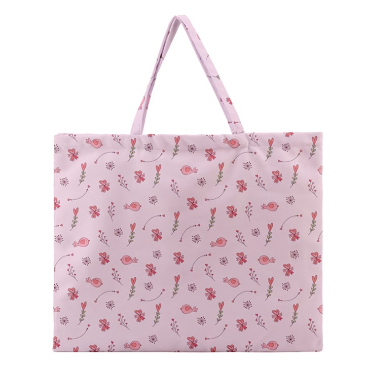 Cute Pink Birds And Flowers Pattern Zipper Large Tote Bag