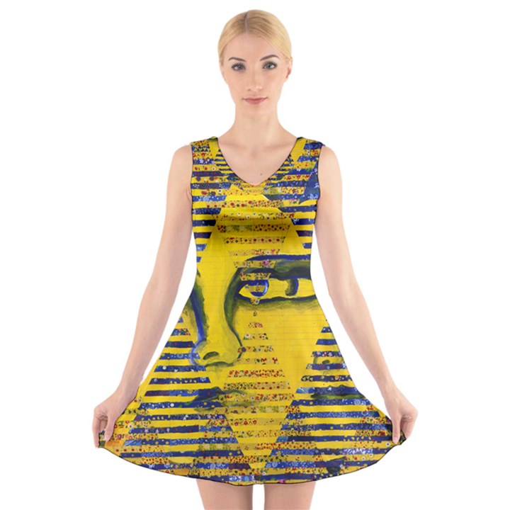 Conundrum II, Abstract Golden & Sapphire Goddess V-Neck Sleeveless Skater Dress