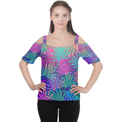 Colored Palm Leaves Background Women s Cutout Shoulder Tee by TastefulDesigns