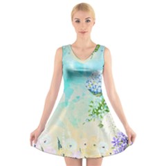 Watercolor Fresh Flowery Background V-neck Sleeveless Skater Dress by TastefulDesigns