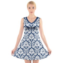 Navy Blue Damask Pattern V-neck Sleeveless Dress by Zandiepants