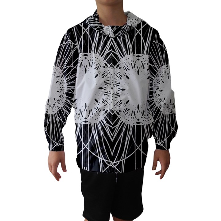 Black And White Flower Mandala Art Kaleidoscope Hooded Wind Breaker (Kids)