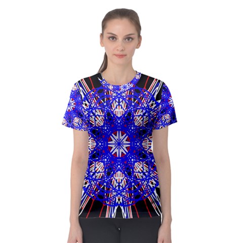 Kaleidoscope Flower Mandala Art Black White Red Blue Women s Sport Mesh Tee by yoursparklingshop