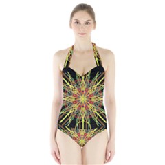 Kaleidoscope Flower Mandala Art Black Yellow Orange Red Women s Halter One Piece Swimsuit by yoursparklingshop