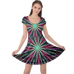 Pink Turquoise Black Star Kaleidoscope Flower Mandala Art Cap Sleeve Dresses by yoursparklingshop