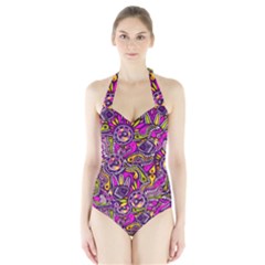 Purple Tribal Abstract Fish Women s Halter One Piece Swimsuit by KirstenStar