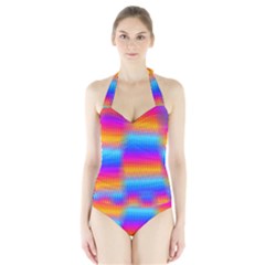 Psychedelic Rainbow Heat Waves Women s Halter One Piece Swimsuit by KirstenStar