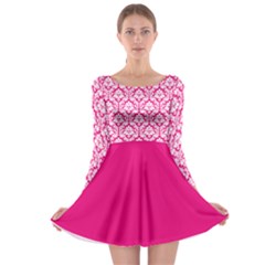 Hot Pink Damask Pattern Long Sleeve Skater Dress by Zandiepants