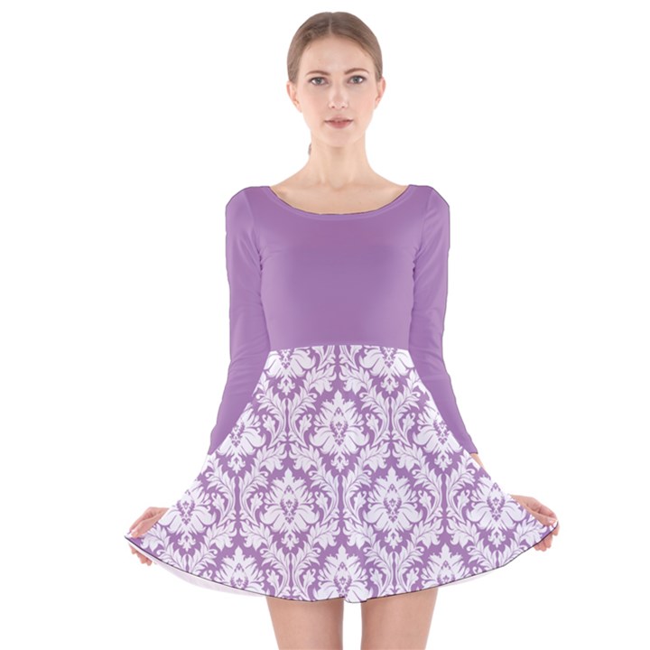 Damask Pattern Lilac And White Long Sleeve Velvet Skater Dress