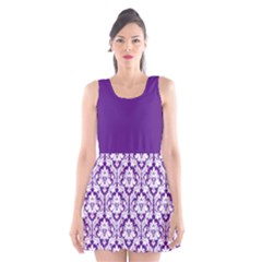 Royal Purple And White Damask Pattern Scoop Neck Skater Dress by Zandiepants