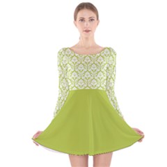 Spring Green Damask Pattern Long Sleeve Velvet Skater Dress by Zandiepants