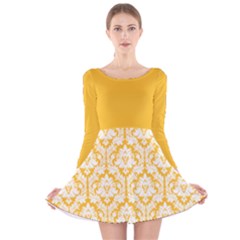 Damask Pattern Sunny Yellow And White Long Sleeve Velvet Skater Dress by Zandiepants