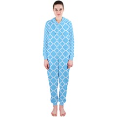 Bright Blue Quatrefoil Pattern Hooded Jumpsuit (ladies) by Zandiepants