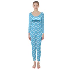 Bright Blue Quatrefoil Pattern Long Sleeve Catsuit by Zandiepants