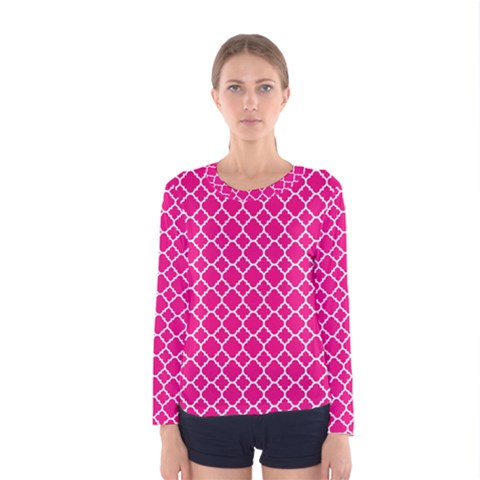 Hot Pink Quatrefoil Pattern Women s Long Sleeve Tee by Zandiepants