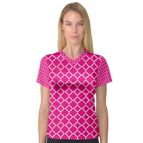 Hot Pink Quatrefoil Pattern Women s V-neck Sport Mesh Tee by Zandiepants